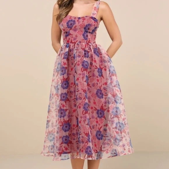 Lulus Dresses & Skirts - Lulus Delightful Look Magenta Floral Print Bustier‎ Midi Skater Dress Size L